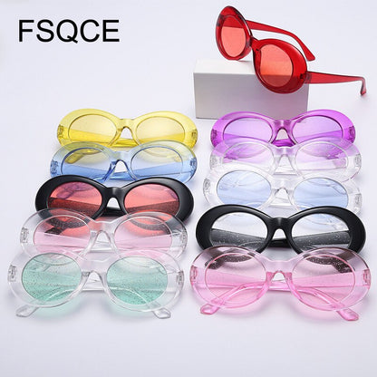 Women Oval Sun Glasses Glitter Lenses Eyewear Candy Colorful Classic Transparent Frame Sunglasses UV400 Retro Pink Sunglass